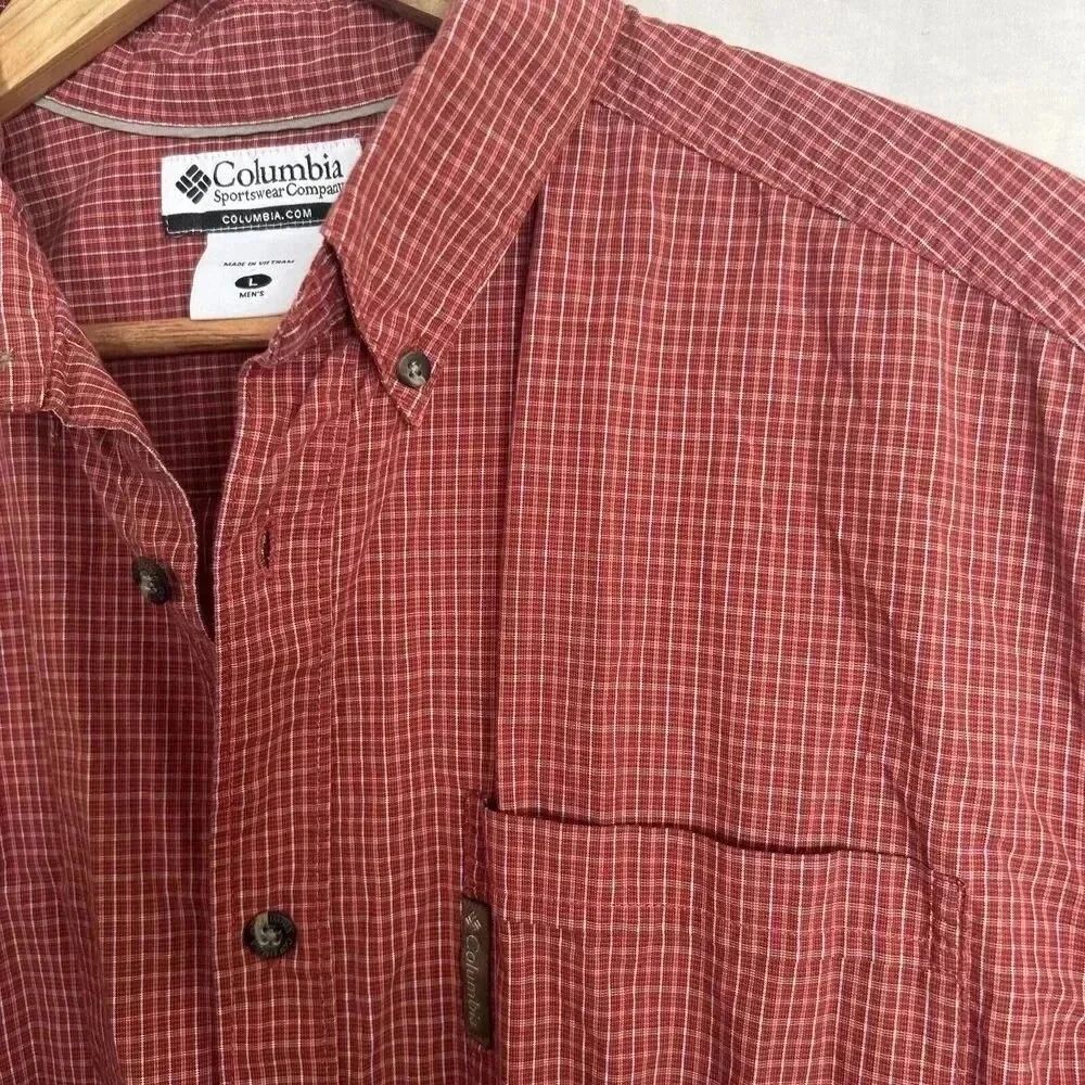 Rust Red Micro Plaid Cotton Button Down Columbia Short Sleeve Shirt Men’s Large - Picture 4 of 11
